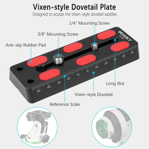 Telescope Rail Bar 120mm Dovetail Plate For Vixen Style Saddles with 1/4 Inch and 3/8 Inch D Ring Screws, easy camera mount gear shown.