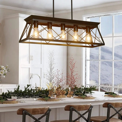 Five Light Farmhouse Pendant Ceiling Fixture For Dining Room Over Table And Kitchen Island Modern Black Chandelier With Warm Soft Glow For Entryway Living Room Hallway