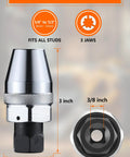 Damaged Bolt And Stud Extractor Tool With Three Eighths Drive Removes Quarter To Half Inch Studs From Exhaust And Other Tight Rusted Bolts Using Manual Or Pneumatic Impact Wrench Heavy Duty Alloy Steel Stud Puller, shown with measurements and 3 jaws design.