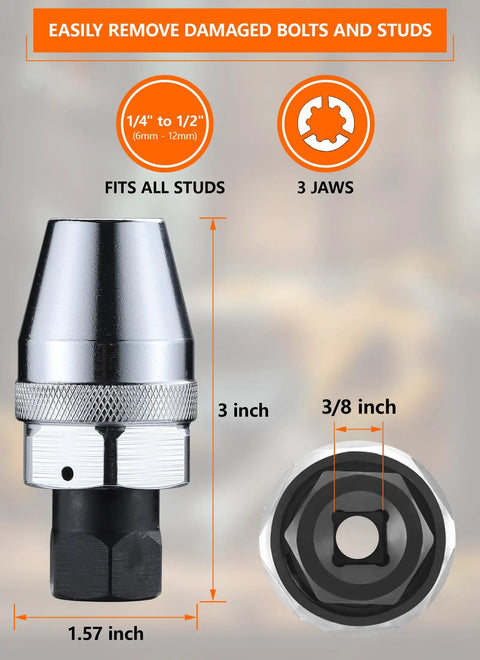 Damaged Bolt And Stud Extractor Tool With Three Eighths Drive Removes Quarter To Half Inch Studs From Exhaust And Other Tight Rusted Bolts Using Manual Or Pneumatic Impact Wrench Heavy Duty Alloy Steel Stud Puller, shown with measurements and 3 jaws design.
