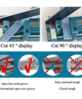 Heavy Duty Bench Mounted Din Rail Cutter For Wire Duct Trunking With 45 And 90 Degree Head And Measuring Ruler Pro Grade Tool showing cutting angles.