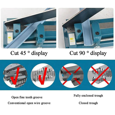 Heavy Duty Bench Mounted Din Rail Cutter For Wire Duct Trunking With 45 And 90 Degree Head And Measuring Ruler Pro Grade Tool showing cutting angles.