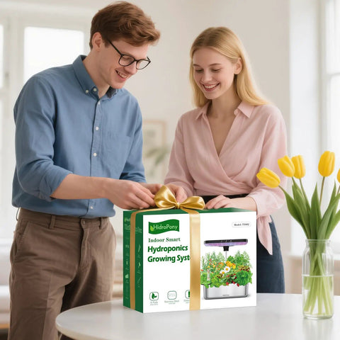 People opening Indoor Hydroponics Grow Kit With 15-Pod Herb Garden, 24W Full Spectrum Light, Quiet Pump box gift-wrapped.