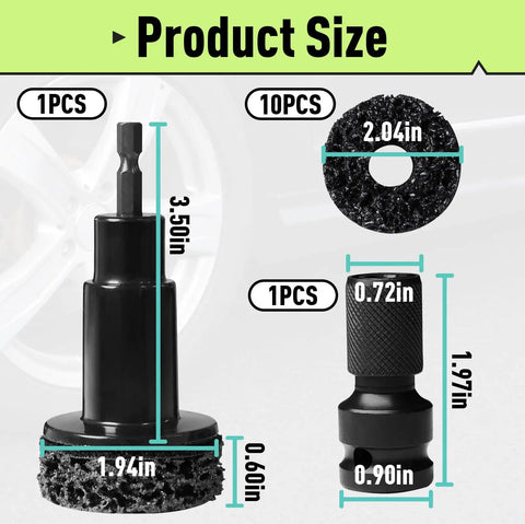 All In One Wheel Hub Cleaning Tool Kit With 10 Easy Pads dimensions and components layout