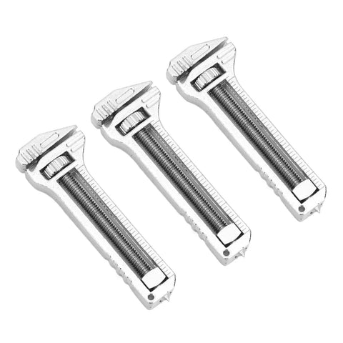 Tiny But Mighty Mini Multitool Wrench Set 3 Piece Compact Zinc Aluminum EDC Bottle Opener For Camping Hiking Travel And Everyday Carry Adjustable Wrench And Bottle Opener All In One Get It Done On The Go showing three adjustable wrenches in a row on white background.