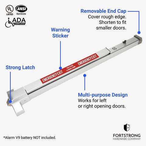 Beefed Up Panic Bar Exit Device With Alarm For Busy Doors Loud Siren Warning Stickers Easy Install FS 850A Durable Steel Construction shown