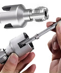 Badass 4 In 1 Pipe Threader Wrench Heavy Duty showing steel body tools for threading and cleaning pipes in hand.