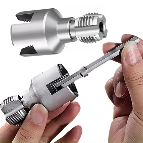Badass 4 In 1 Pipe Threader Wrench Heavy Duty showing steel body tools for threading and cleaning pipes in hand.