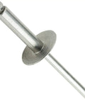 Large Flange Stainless Steel Blind Rivet close-up, 3 Sixteenths by One Half Inch Open End, 6 to 8 Grip Range, corrosion resistant.