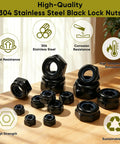 Black 304 Stainless Steel Lock Nuts Kit With Nylon Insert 180 Pcs Seven Metric Sizes M3 To M12 including M3 M4 M5 M6 M8 M10 M12