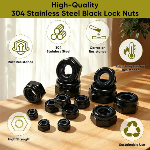 Black 304 Stainless Steel Lock Nuts Kit With Nylon Insert 180 Pcs Seven Metric Sizes M3 To M12 including M3 M4 M5 M6 M8 M10 M12