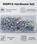Premium 1/4-20 Lock Nuts And Flat Washers Set With 100 Pack Featuring Rugged 18-8 304 Stainless Steel in storage case.