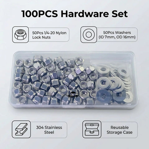 Premium 1/4-20 Lock Nuts And Flat Washers Set With 100 Pack Featuring Rugged 18-8 304 Stainless Steel in storage case.
