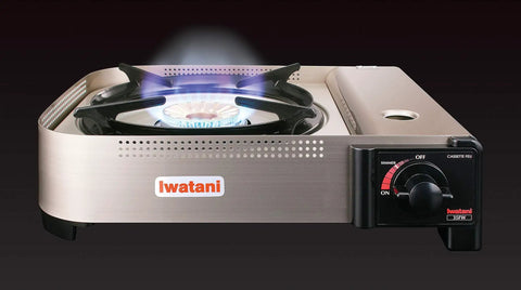 35FW Single Burner Butane Portable Cooktop for Indoor and Outdoor Cooking, 15,000 BTU Brass Burner with flame lit.