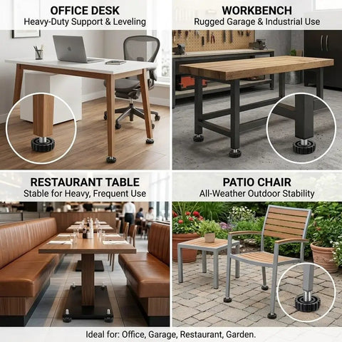Game Change Your Wobbly Floors With These Heavy Duty Furniture Leveling Feet Adjustment Screws Rock Solid Stub Legs Black Metal Screw Mounts One Inch Base 12 Kit for office desk and restaurant table stability.