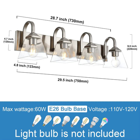 32 Inch Vanity Light Fixture Brushed Nickel Wall Sconce With Clear Glass Shades Vintage Farmhouse Bathroom Lighting Four Light Mount
