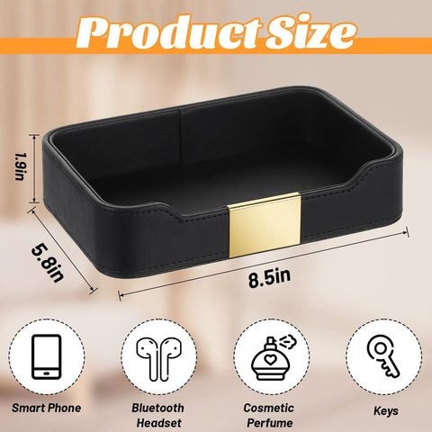 Premium PU Leather Valet Tray Organizer For Desk And Nightstand, multi-compartment black tray with gold accent, 8.5x5.8x1.9 in