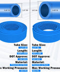 Two blue nylon pneumatic air tubing coils: 1/4 in OD, 100 ft; 3/8 in OD, 50 ft, with cross-section diagrams.