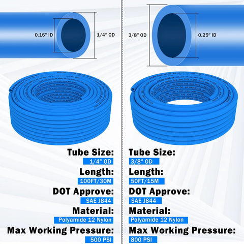 Two blue nylon pneumatic air tubing coils: 1/4 in OD, 100 ft; 3/8 in OD, 50 ft, with cross-section diagrams.