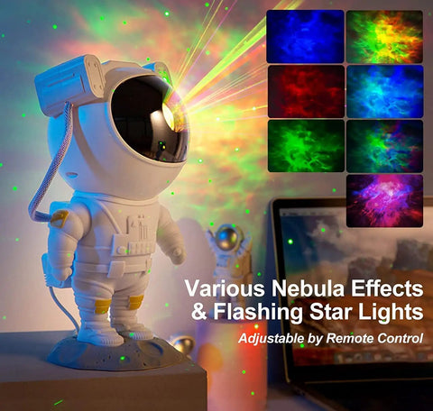Awesome Astronaut Galaxy Projector Night Light With Remote Control Timer And 360 Degree Rotating Head showcasing nebula effects.