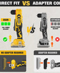 Brushless Right Angle Drill With Bright Led Work Light And Variable Speed Control Compatible With Dewalt 20v Max Batteries comparison image showing direct fit vs adapter.