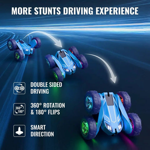 Fast USB-C Dual Charging RC Car And Controller With Bright LED Lights, demonstrating 360-degree flips on track