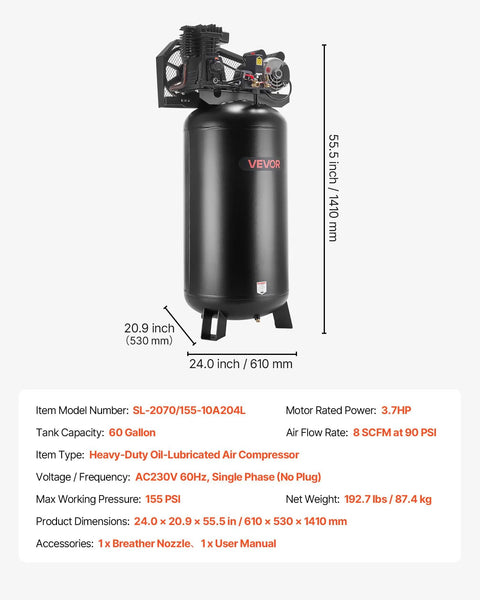 VEVOR 60 Gallon Air Compressor 3.7HP Belt Driven Oil Lubricated Tank 155PSI Max Pressure 8 SCFM Heavy Duty Industrial Grade Powerful Pump For Workshops And Auto Repair Shops No Plug Required Great Deal