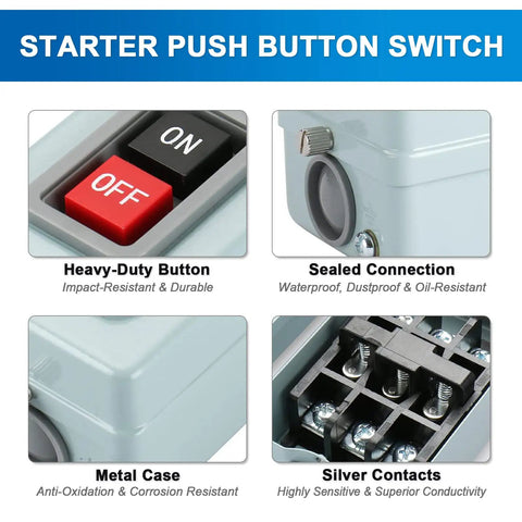 Image showing features of Self-Locking 3-Phase Push Button Switch 30A 380V AC, Heavy-Duty Metal Case with Instant OFF Disconnect.