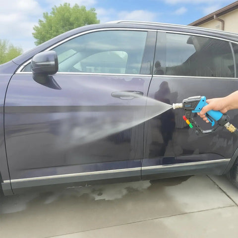 Beefed Up 5000 PSI Pressure Washer Gun With 360 Degree Swivel And Five Quick Connect Nozzles cleaning a car