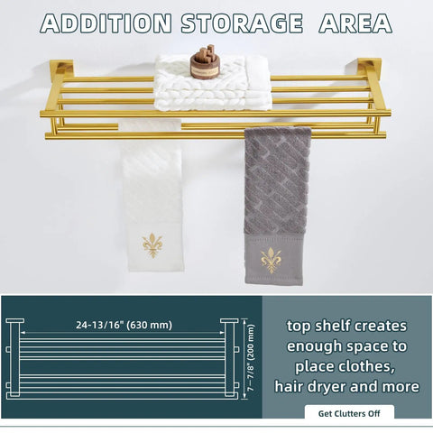 Brushed Dark Gold Stainless Steel Towel Rack With Shelf For Bathroom SUS 304, holding towels and toiletries, wall-mounted.