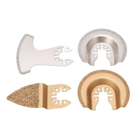 Four Pack Semi Circle Finger Segment Oscillating Saw Blades For Grout, Ceramics, And Masonry, Grit Blades displayed on white backdrop