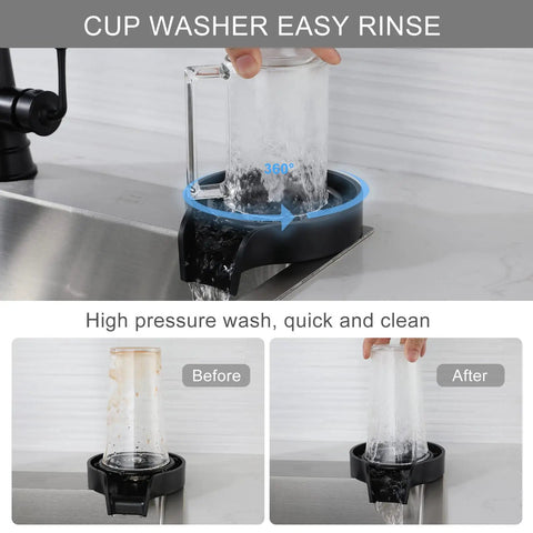 Glass Rinser For Kitchen Sink With Faucet, Bottle And Cup Washer, 360 Degree Water Spray, Black Finish, Extended Rod Cleaning Bottle