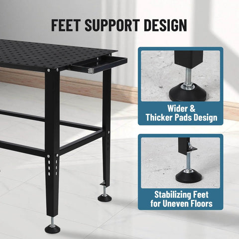 Feet support design of the Beefy Heavy Duty 36x24 Welding Table With Five Eighth Inch Tool Holes And Adjustable Legs 1500 Pound Steel Fabrication Workbench For Welding Sawing Auto Repair And Fixturing.