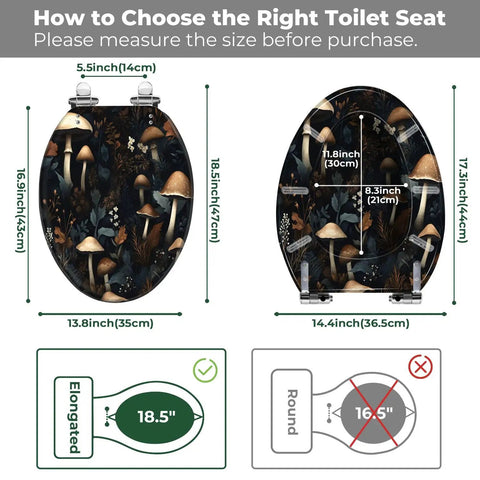Elongated Toilet Seat Resin Bathroom size guide with measurements for proper fitting and installation details.