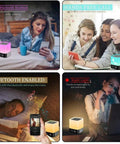 Collage showing 5 In 1 Night Light Bluetooth Speaker MP3 Player Digital Alarm Clock with color LEDs in various settings.