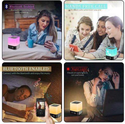 Collage showing 5 In 1 Night Light Bluetooth Speaker MP3 Player Digital Alarm Clock with color LEDs in various settings.