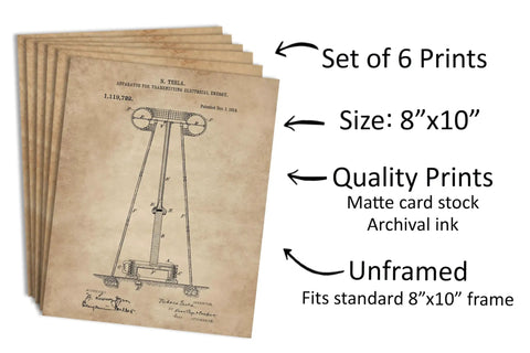 Steampunk Patent Print Wall Art Set For Engineers 8x10 Unframed Prints Featuring Dope Electrical Coil Invention History Industrial Home Decor For Nerds And Geeks Tesla Inspired Gift For Science Lovers And Makers showing set of 6 prints.