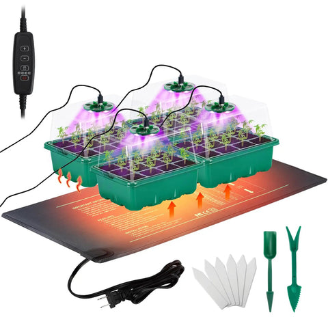All In One Seed Starter Kit With Grow Light And Heat Mat For Indoor Gardening Four 12 Cell Trays That Hold 48 Seedlings