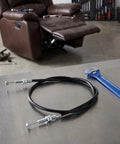 Heavy Duty Recliner Release Pull Replacement Cable, 39 Inch Length, shown with tools in front of brown reclining sofa chair.