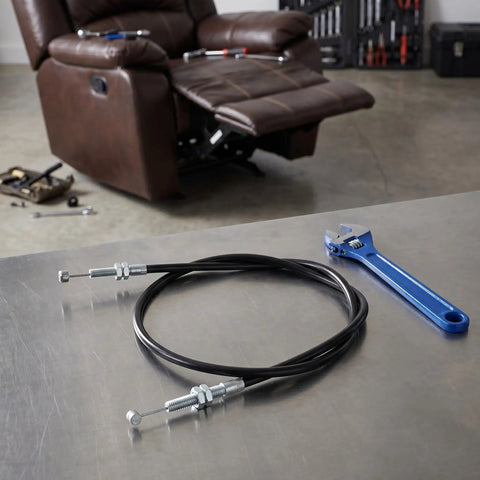 Heavy Duty Recliner Release Pull Replacement Cable, 39 Inch Length, shown with tools in front of brown reclining sofa chair.