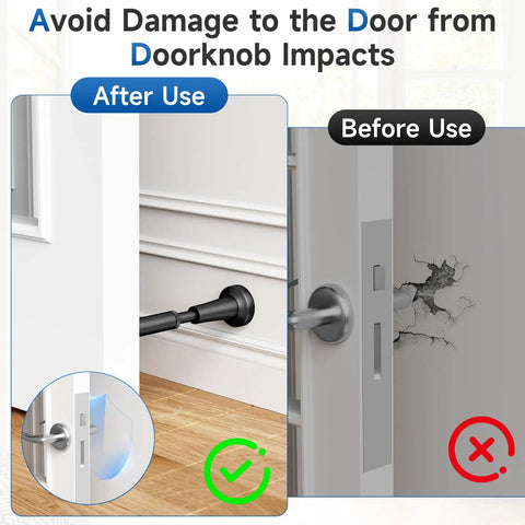 Built Like A Tank Adjustable Spring Door Stopper With Non Slip Silicone Pad Heavy Duty Wall Blocker Rust Resistant shown protecting door from damage.