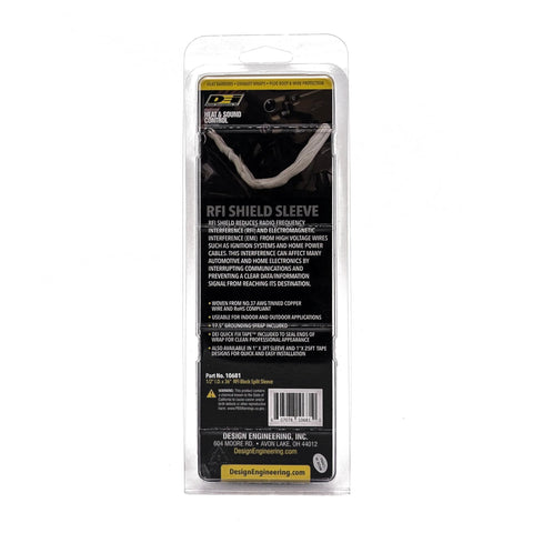 Front: Design Engineering RFI Shield Sleeve blister pack; 1/2 in x 36 ft, tinned copper shielding, grounding strap