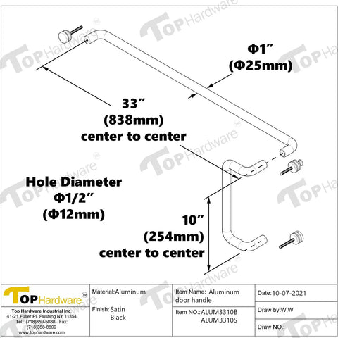 Premium Aluminum Push Bar With 10 Inch Center To Center Pull Handle Set In Satin Brush Finish For Glass And Metal Storefront Doors, Heavy Duty Commercial Door Hardware For High Traffic Areas, 33 inch handle diagram