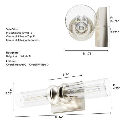 Diagram showing dimensions of Lenlock 2 Light Brushed Nickel Vanity Light Dimmable Modern Style Seeded Glass Shade with measurements.