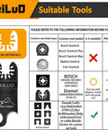 Compatibility chart for Six-Piece Oscillating Tool Hook Knife Blade Set with common tool models and adapters.