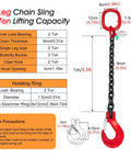Rock Solid Single Leg Chain Sling - 2 Ton Heavy Duty Lifting Chain, Rust Resistant Steel For Industrial Hoisting And Tradesman Site Work, 1 Meter Rig with specifications.