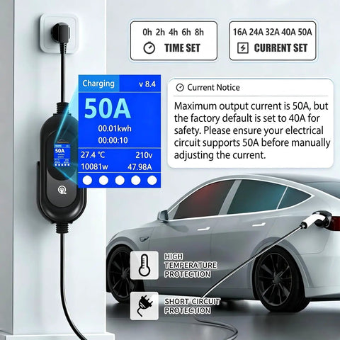 Portable Level 2 EV Charger 50 Amp 240 Volt Nema 1450 Plug With 25 Foot Cable For Blazing Fast Charging Up To 45 Mph with LCD panel.