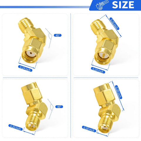 FPV Antenna Adapters SMA To RP-SMA 45 Degree Connector Kit 4 Pack For FPV Drones And Goggles, brass gold, 50 Ohm, size details