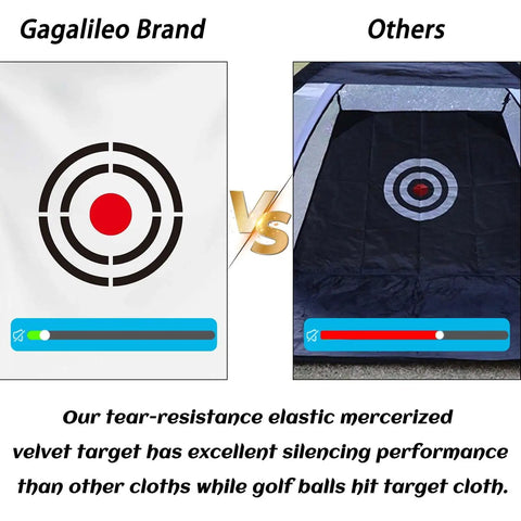 Comparison of Gagalileo brand vs. others showing golf target cloth 5x6ft protective net for accuracy and control in noise reduction.