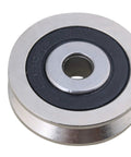 Close-up of 2 Pack Deep V Shaped 6x30x8mm Metal Sealed Bearings for Rail Guides, Pulleys, and Linear Motion Systems. Steel construction.